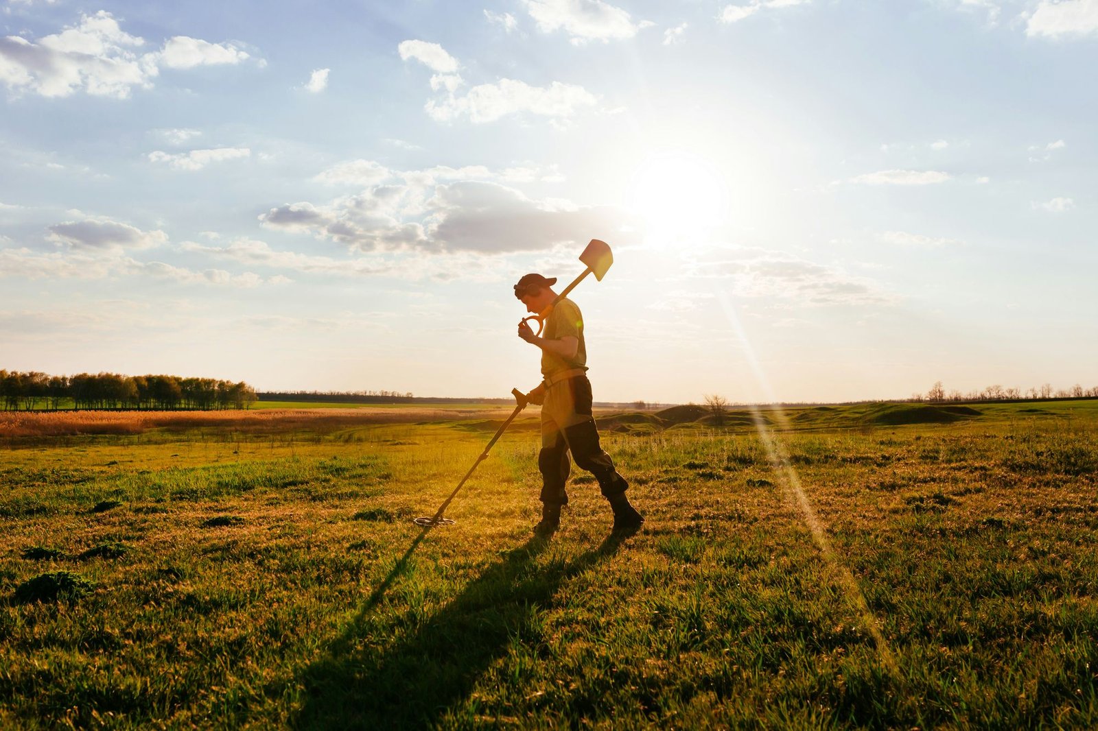 A detectorist swinging a metal detector across a field at sunrise